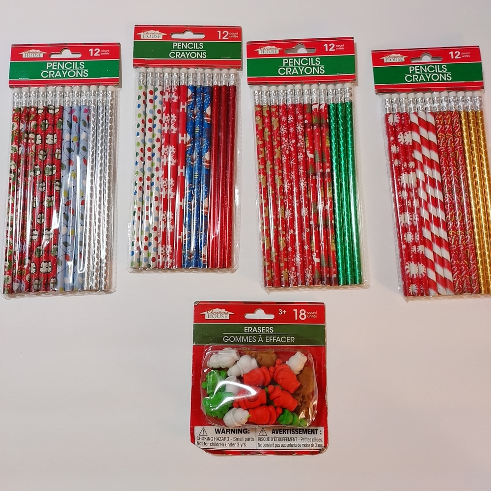 CHRISTMAS PENCILS (48) & ERASERS LOT